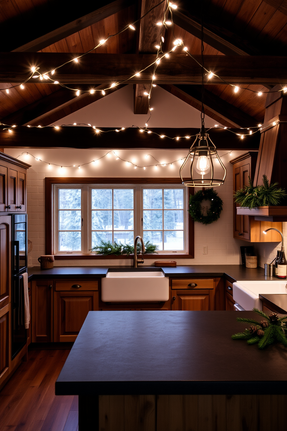 A cozy winter kitchen adorned with soft white fairy lights strung along the ceiling beams creating a warm ambiance. The kitchen features rustic wooden cabinets, a large farmhouse sink, and a central island topped with a rich dark countertop, complemented by seasonal decorations like pinecones and evergreen branches.