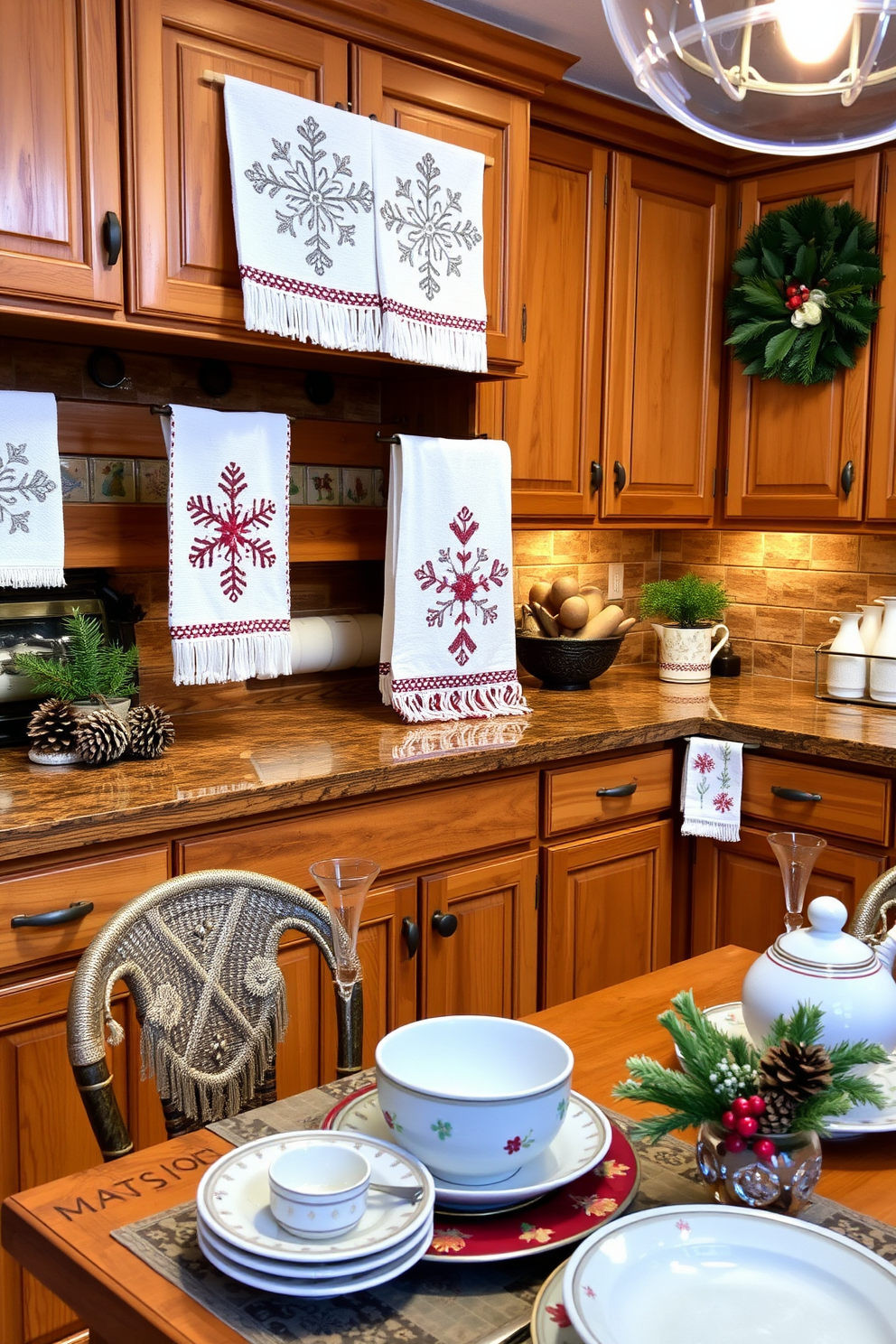 A cozy kitchen adorned with handmade winter-themed towels. The towels feature intricate snowflake patterns and warm, inviting colors that complement the rustic wooden cabinetry. The countertops are decorated with seasonal accents, including pinecones and small evergreen arrangements. A festive table setting showcases a collection of winter-themed dishware, adding charm to the overall decor.