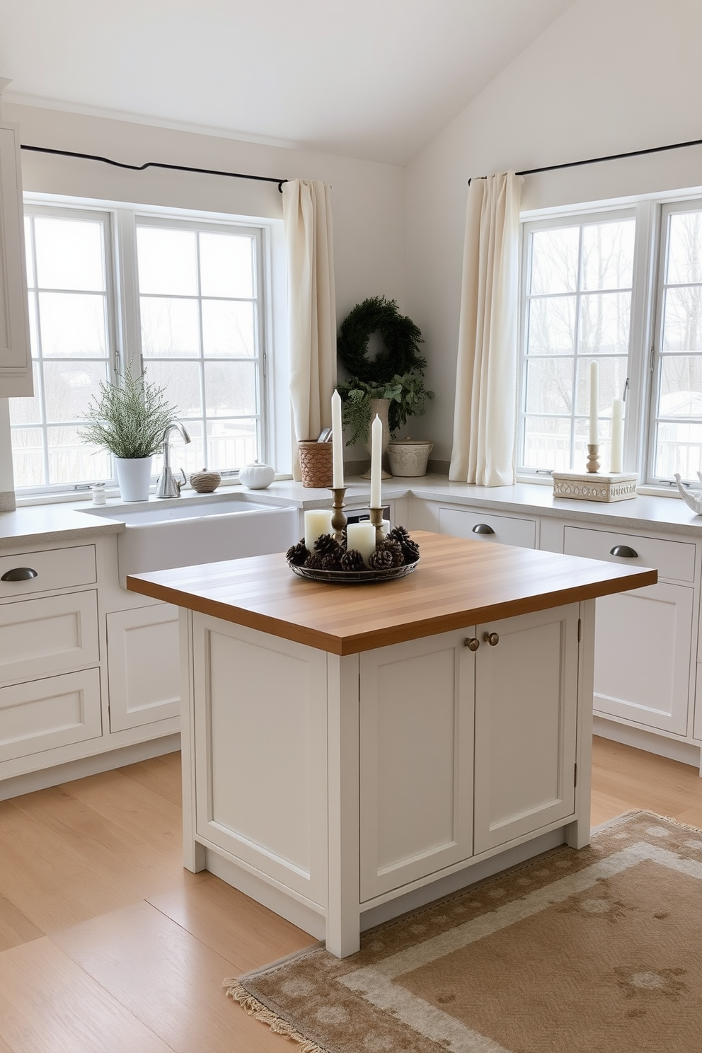 A cozy winter kitchen setting with a neutral color palette that exudes a calm vibe. The cabinets are painted in soft white, complemented by a light wood island topped with a warm beige countertop. Natural light filters through large windows dressed with sheer linen curtains. A simple centerpiece of pinecones and candles adorns the island, while a plush area rug in muted tones adds warmth to the floor.