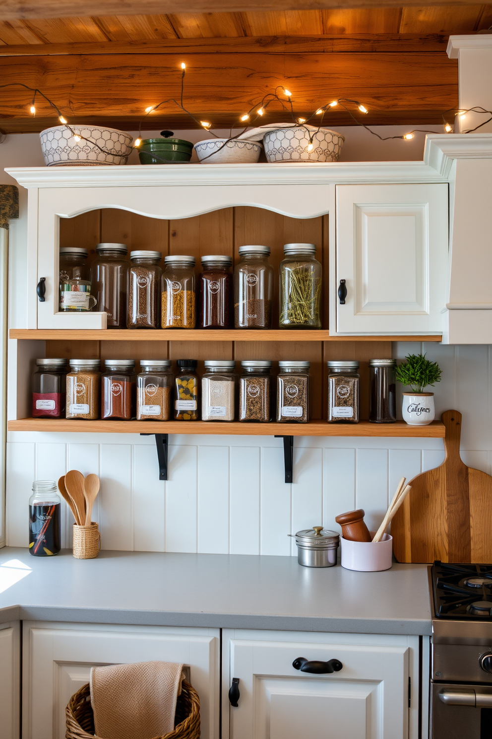 A cozy winter kitchen features vintage glass jars lined on open shelving, showcasing colorful spices and dried herbs. The warm wood accents and soft white cabinetry create an inviting atmosphere, enhanced by twinkling fairy lights draped above.