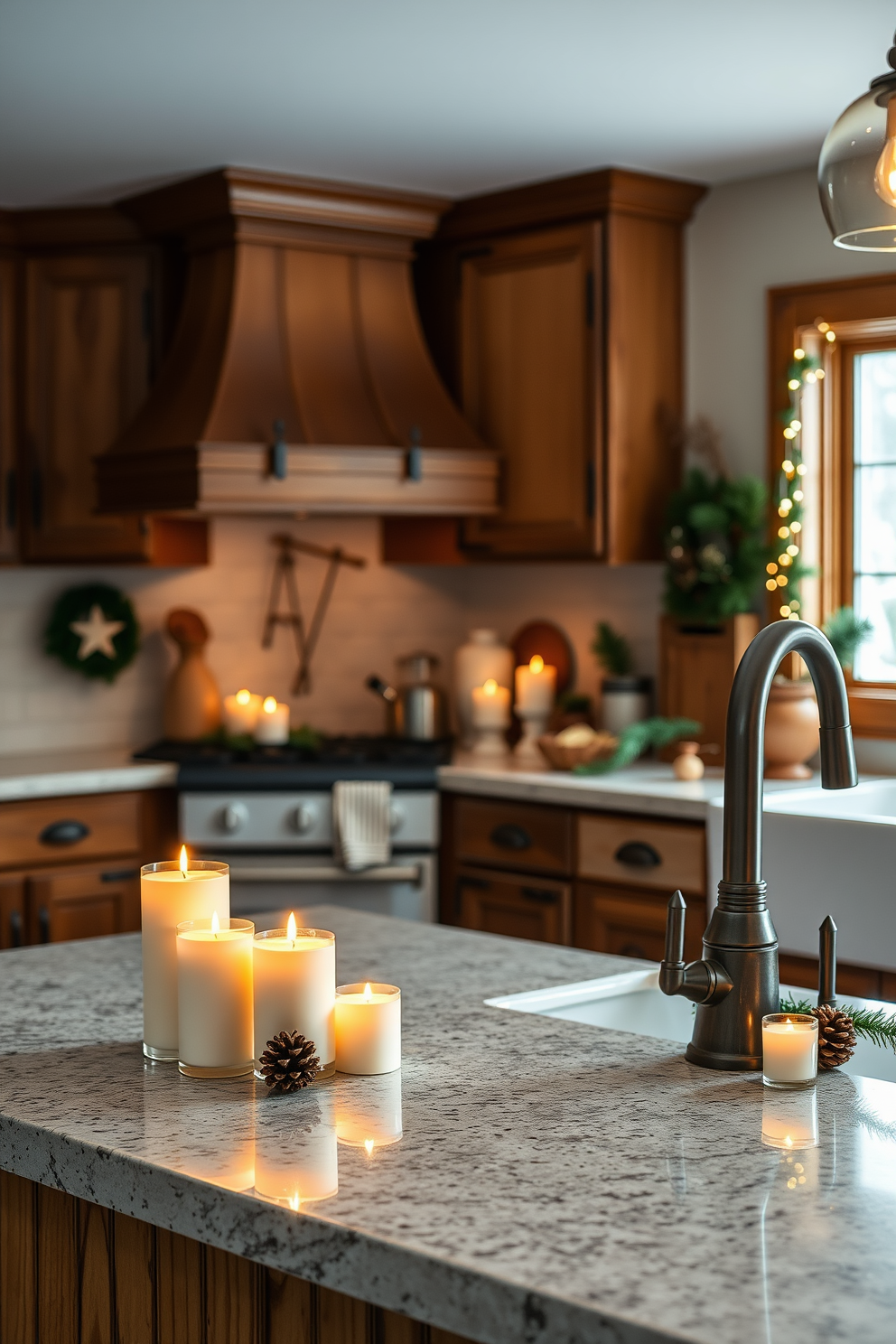 A cozy winter kitchen scene filled with the warm glow of winter-scented candles placed on the countertop. The kitchen features rustic wooden cabinets and a large farmhouse sink, complemented by seasonal decorations like pinecones and evergreen sprigs.