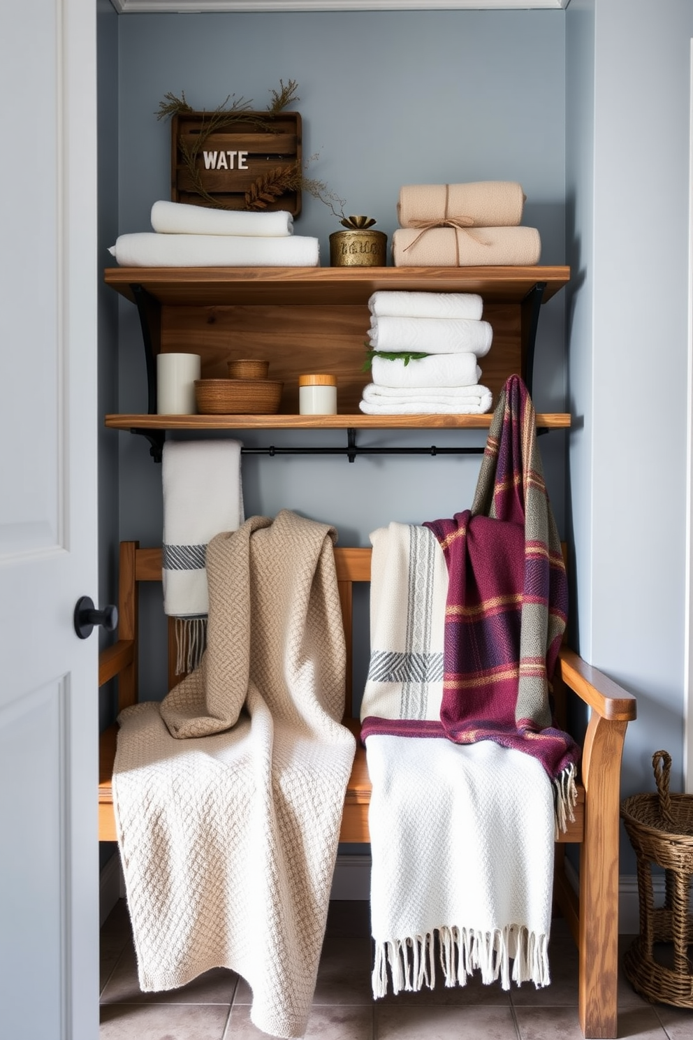 A cozy winter laundry room features soft throw blankets draped over a wooden bench, inviting warmth and comfort. The walls are painted in a soft blue hue, and rustic shelving displays neatly folded towels and seasonal decor.