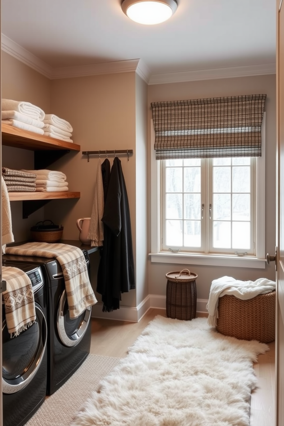 A winter laundry room is designed for comfort and functionality. Soft layered textiles, including plush rugs and warm throws, create a cozy atmosphere while providing practical solutions for the space. The walls are painted in a soft, inviting shade, complemented by wooden shelves displaying neatly folded towels. A large window allows natural light to flood the room, enhancing the warmth of the textiles and creating an inviting environment.