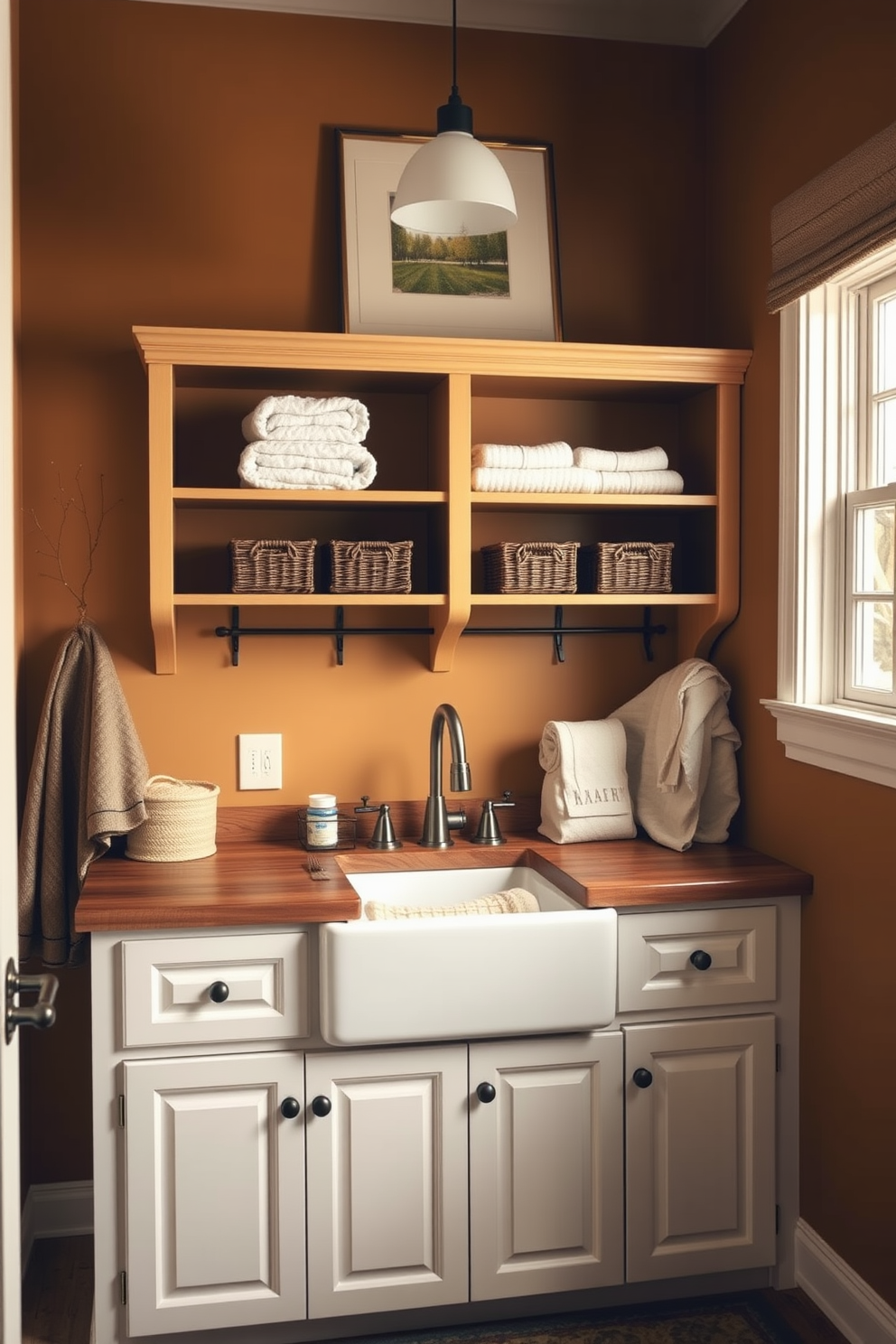 A cozy winter laundry room featuring warm-toned paint that creates an inviting atmosphere. The room includes a large farmhouse sink with a wooden countertop and open shelving displaying neatly folded towels and decorative baskets.