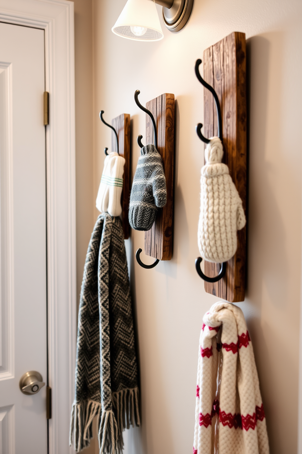 A cozy winter laundry room featuring decorative hooks made of rustic wood mounted on the wall. The hooks are adorned with winter-themed accessories such as knitted mittens and scarves, providing both style and organization.