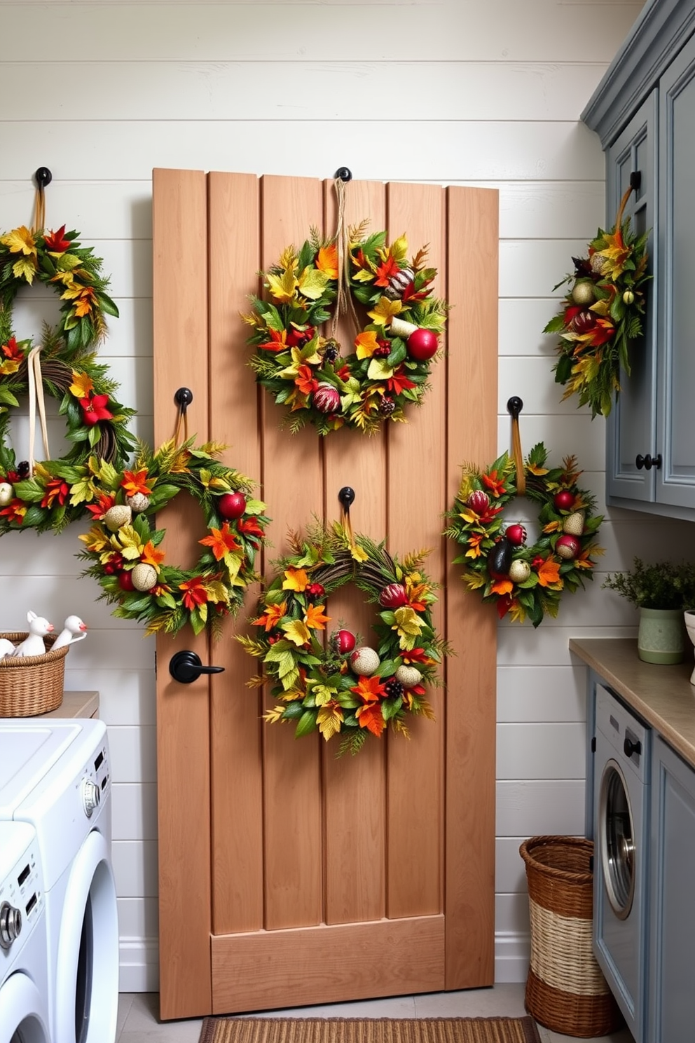 A collection of seasonal wreaths hangs on a rustic wooden door. Each wreath is adorned with vibrant foliage and seasonal accents, creating a warm and inviting entrance. The laundry room is designed with a cozy yet functional aesthetic. Soft blue cabinets complement the whitewashed walls, while decorative baskets and potted plants add a touch of charm.