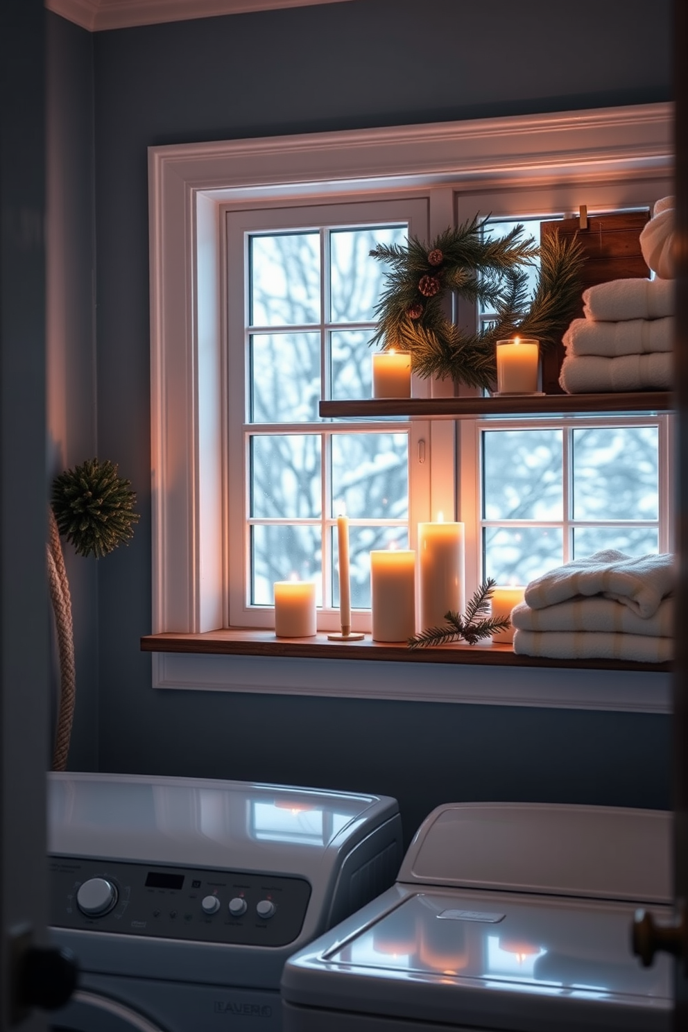 A cozy winter laundry room filled with soft ambient light from flickering candles placed on the windowsill. The walls are painted a soft blue, and a rustic wooden shelf holds neatly folded towels and seasonal decor.