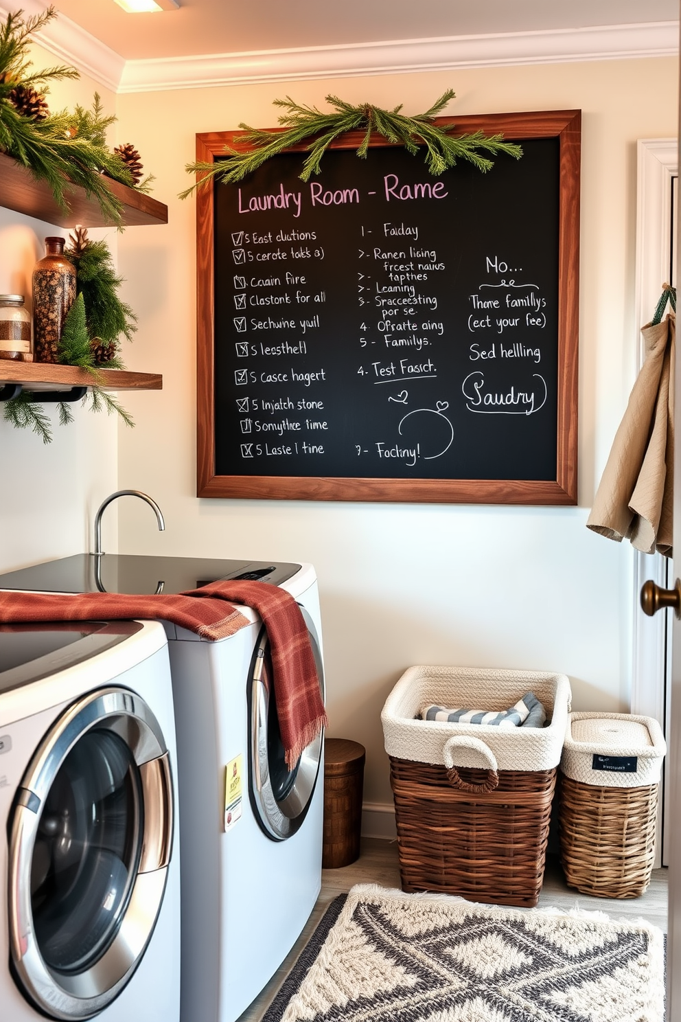 A cozy winter laundry room featuring a large chalkboard mounted on the wall for notes and reminders. The room is adorned with soft, warm lighting and decorated with seasonal accents like pinecones and evergreen branches. The chalkboard is framed in rustic wood, adding charm to the space while providing a functional area for family messages. The laundry appliances are neatly arranged with stylish storage baskets and a plush rug to create an inviting atmosphere.