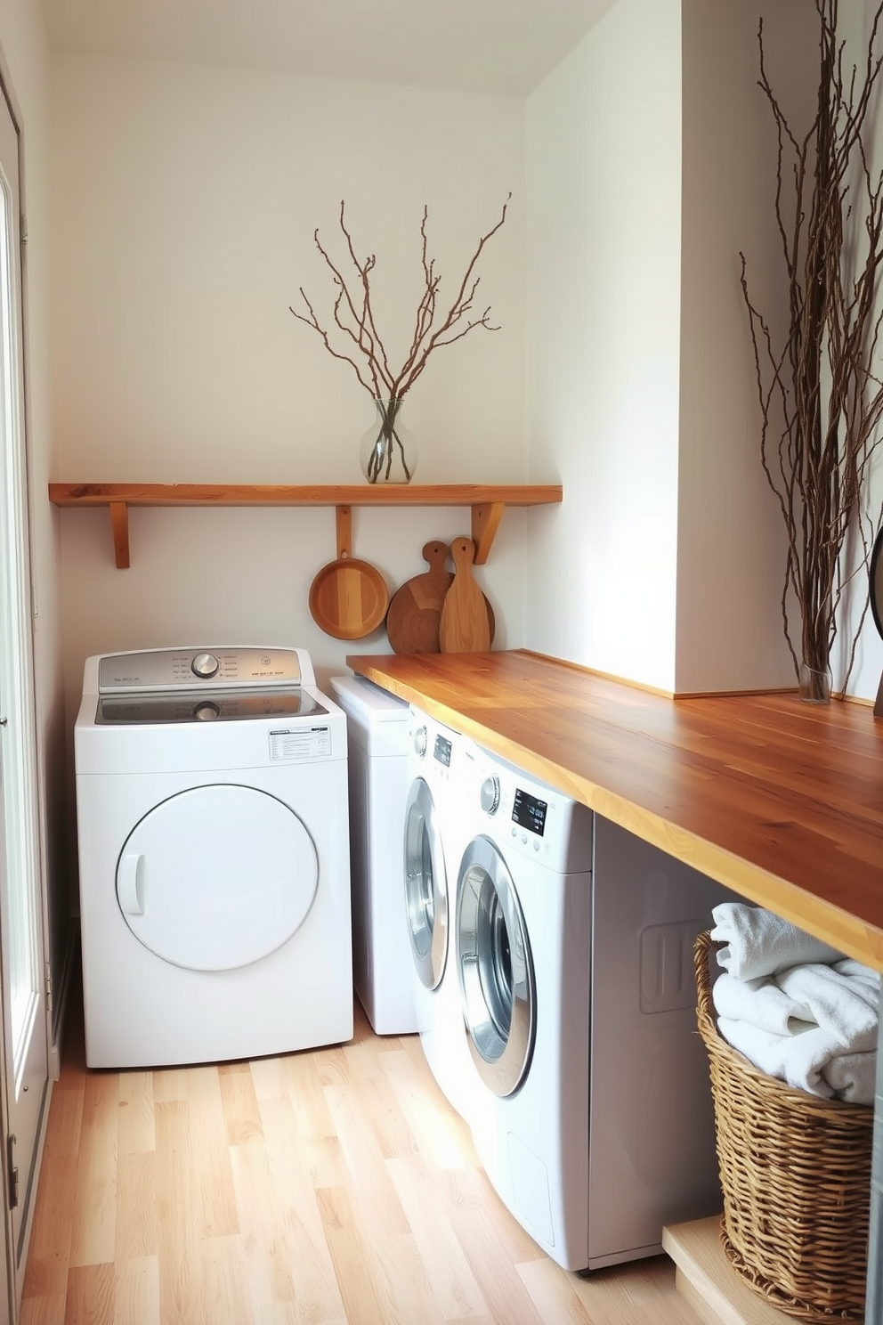 A cozy laundry room that incorporates natural elements like branches and twigs. The walls are painted in a soft white tone, and a rustic wooden shelf displays decorative twigs in a glass vase. A large wooden countertop provides ample space for folding laundry, with a woven basket filled with clean towels beside it. The floor features a light-colored wood finish, enhancing the room's warm and inviting atmosphere.