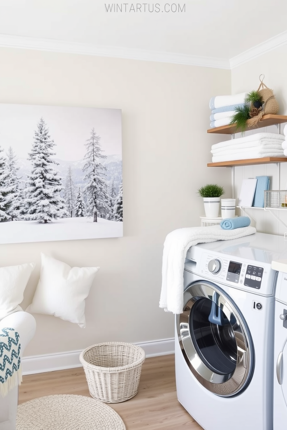 Seasonal wall art for winter vibes. A cozy living room features a large canvas painting of a snowy landscape with pine trees. Winter Laundry Room Decorating Ideas. The laundry room is adorned with soft white and blue accents, including a decorative shelf with neatly folded towels and a vintage-style drying rack.