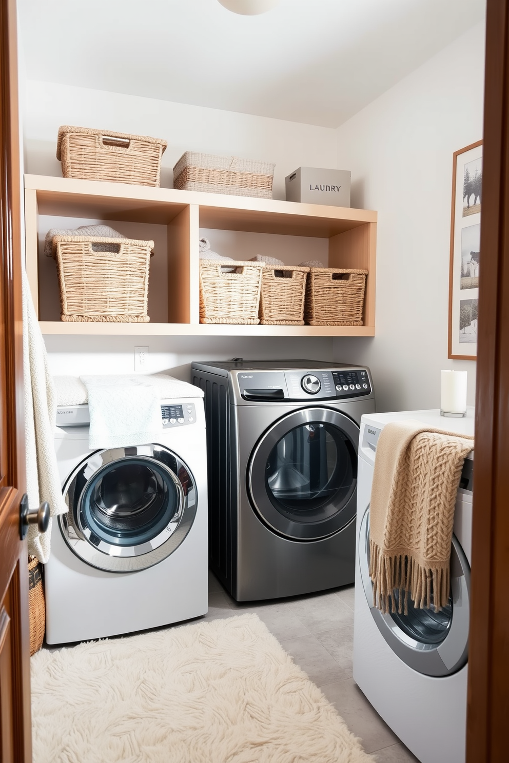 A bright and airy laundry room features functional yet stylish laundry baskets in natural woven materials. The baskets are neatly arranged on open shelving, complemented by soft, neutral-toned walls and warm wooden accents. To enhance the winter theme, cozy textiles such as a plush rug and knitted throw are incorporated into the space. Decorative elements like seasonal artwork and a fragrant candle add warmth and charm to the laundry room.