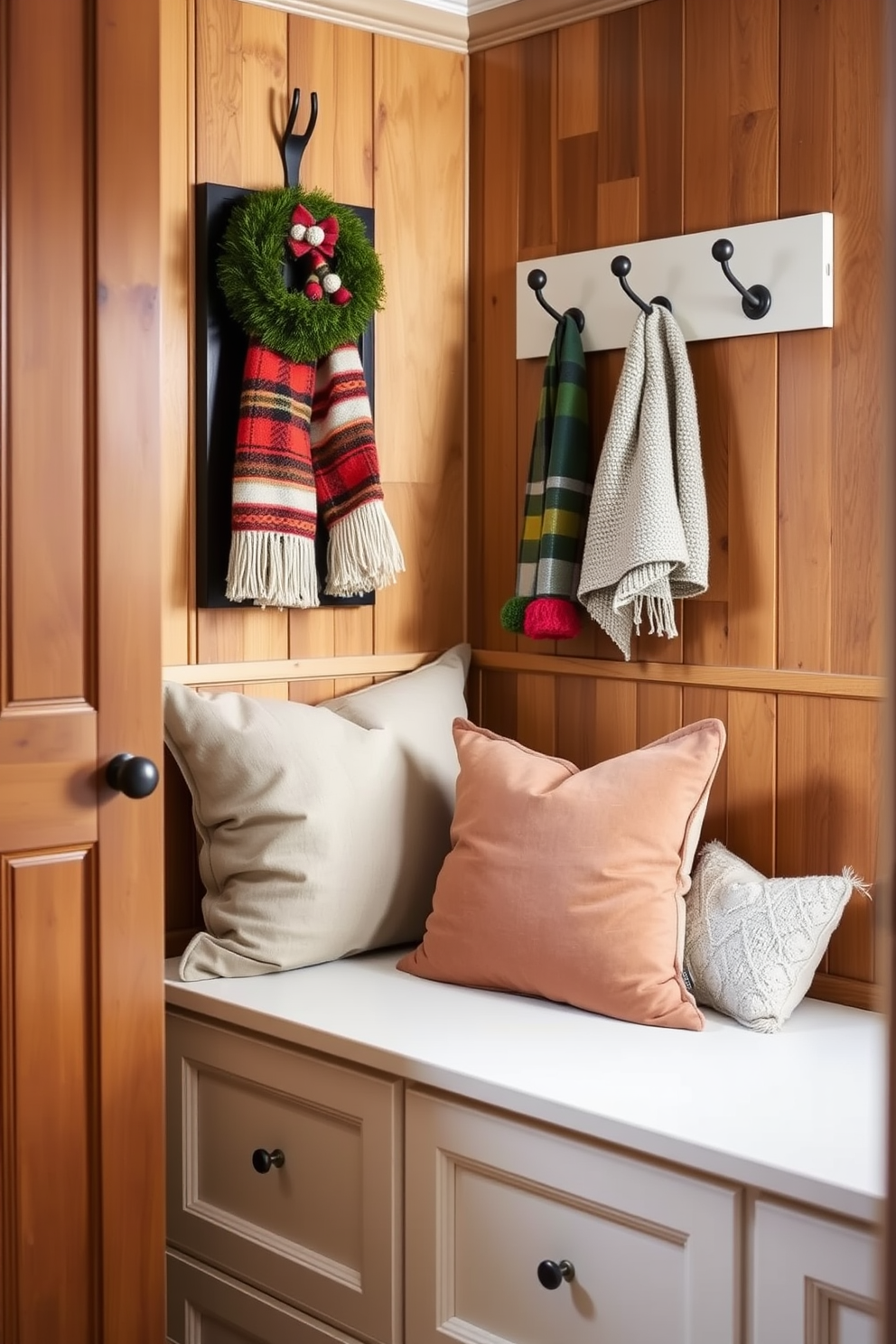 A cozy winter laundry room features soft cushions in muted tones arranged on a built-in bench. The walls are adorned with warm wood paneling, and decorative hooks display colorful winter accessories.