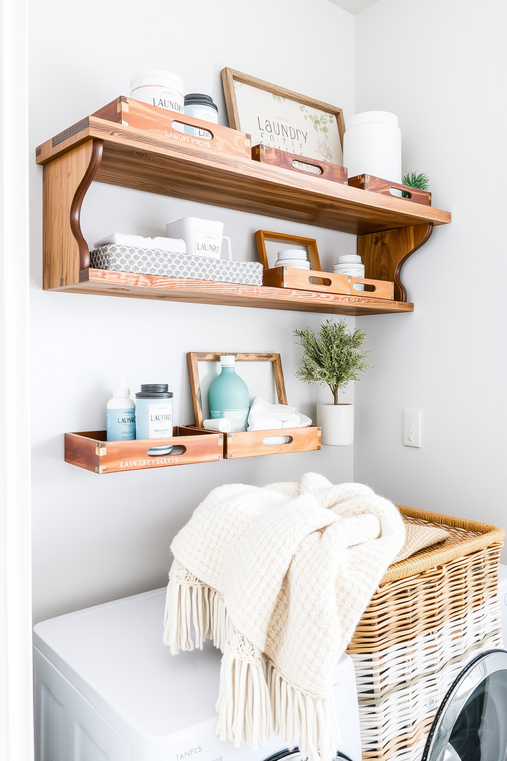 A cozy winter laundry room features a rustic wooden shelf adorned with decorative trays in various sizes. Each tray holds small items like laundry pods, fabric softener, and dryer sheets, adding both functionality and charm to the space. The color palette consists of soft blues and whites, creating a serene atmosphere. A warm throw blanket is draped over a wicker basket, enhancing the inviting feel of the laundry room.