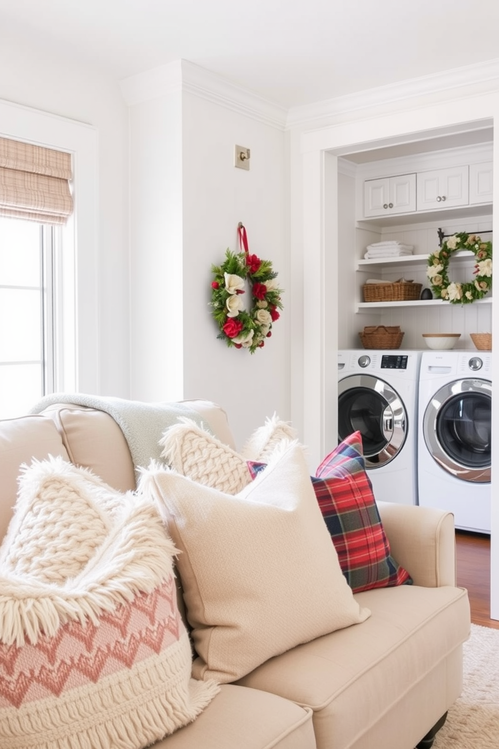 Cozy seasonal throw pillows in various textures and patterns are arranged on a plush sofa, inviting warmth and comfort to the living space. The color palette features soft pastels and rich jewel tones, creating a harmonious blend that enhances the overall aesthetic. A bright and functional winter laundry room is designed with ample storage solutions, including open shelving and cabinets painted in a crisp white. The space is accented with cheerful decor, such as a decorative wreath and seasonal artwork, to bring a touch of festivity to the everyday chore.