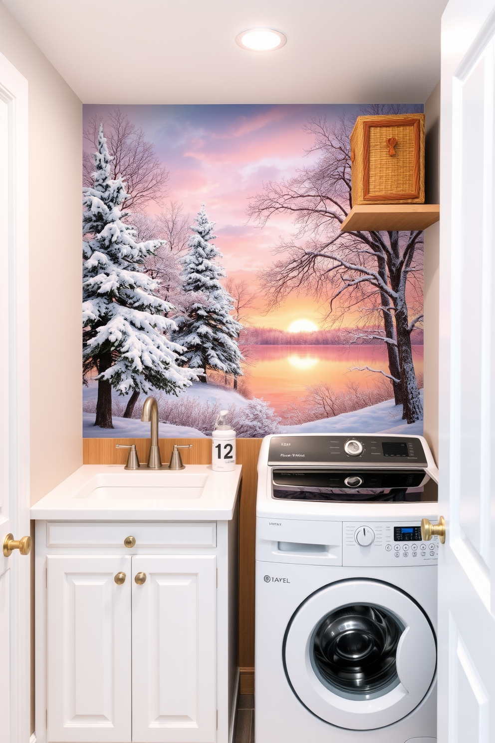 A serene artwork depicting winter landscapes. Snow-covered trees and a tranquil lake reflect the soft hues of a winter sunset. A cozy laundry room designed with functionality in mind. Bright white cabinetry complements the warm wooden accents, while a cheerful color palette adds a touch of charm.