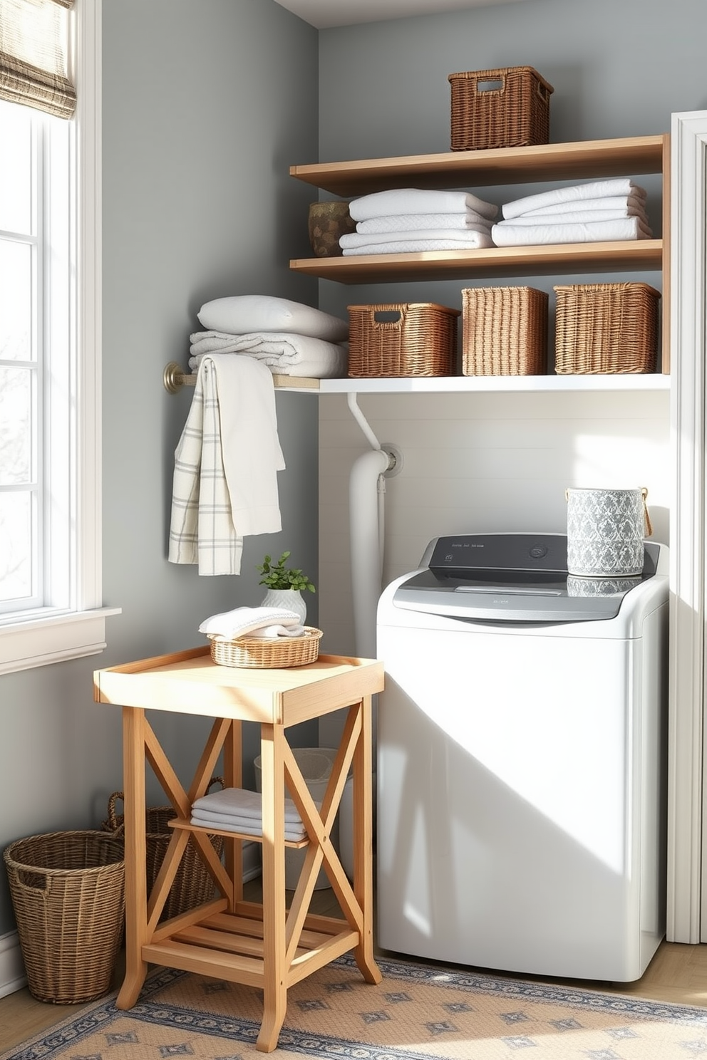 A stylish folding table is positioned against the wall, showcasing a sleek design with a light wood finish. Above the table, open shelving displays neatly folded linens and decorative storage baskets, creating an organized and inviting atmosphere. The winter laundry room features a cozy color palette with soft blues and whites, complemented by warm accents. A large window allows natural light to flood the space, enhancing the overall ambiance and making laundry tasks feel more enjoyable.