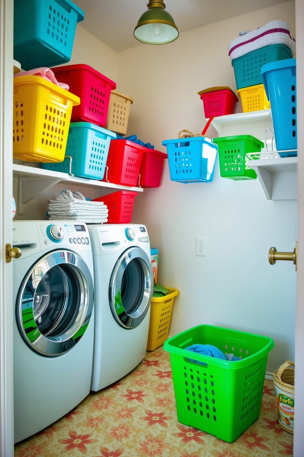 A vibrant laundry room filled with colorful laundry bins that add a playful touch to the space. The walls are painted in a light pastel hue, and the floor is adorned with cheerful patterned tiles.