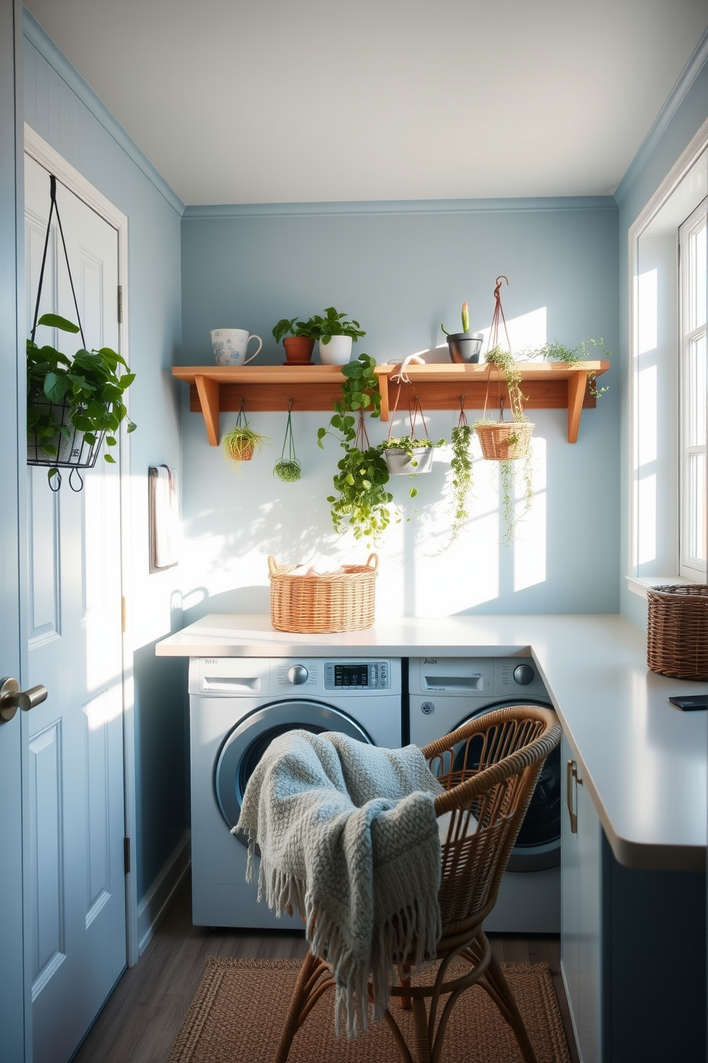 A cozy winter laundry room filled with natural light. The walls are painted in a soft blue hue, and a wooden shelf is adorned with hanging plants in stylish pots. A spacious countertop is topped with a decorative basket for storage. A warm throw blanket is draped over a wicker chair, adding comfort and style to the space.