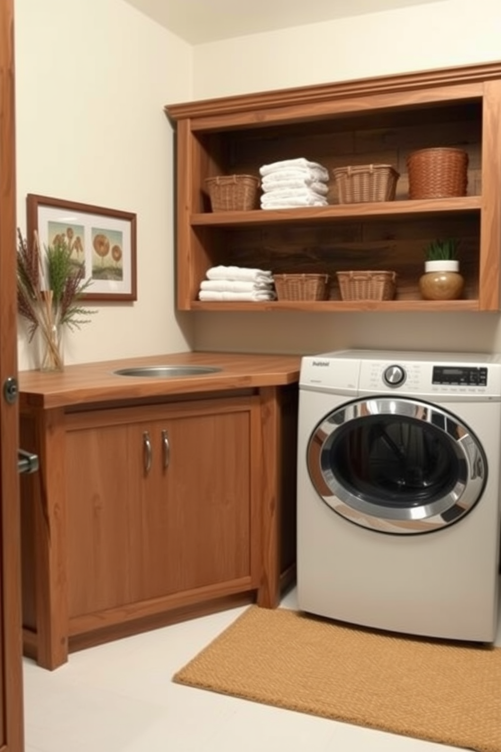 A cozy winter laundry room featuring rustic wooden accents that add warmth and charm. The space includes a wooden countertop with open shelving above, displaying neatly folded towels and decorative baskets. The walls are painted in a soft, muted color to enhance the inviting atmosphere. A vintage-style washing machine and dryer sit side by side, complemented by a woven rug on the floor for added texture.