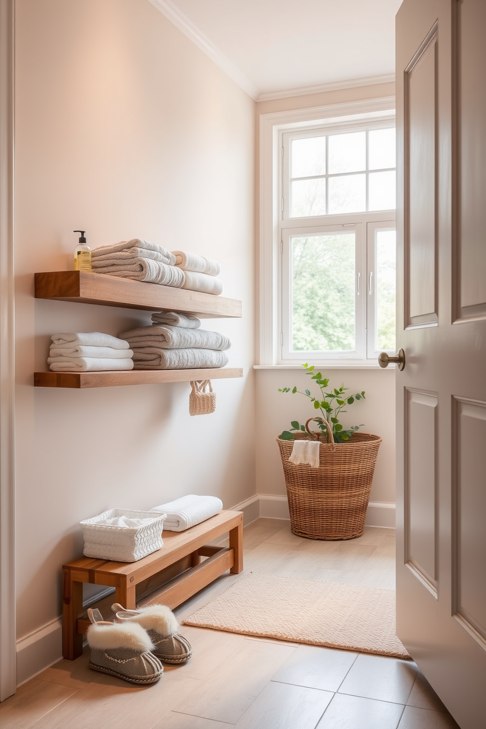 Cozy slippers are neatly placed by the entrance of a bright and airy laundry room. The room features soft pastel walls and a large window that lets in natural light, creating a warm and inviting atmosphere. A rustic wooden shelf displays neatly folded towels and laundry supplies, while a stylish laundry basket sits in the corner. A small potted plant adds a touch of greenery, enhancing the cozy feel of the space.