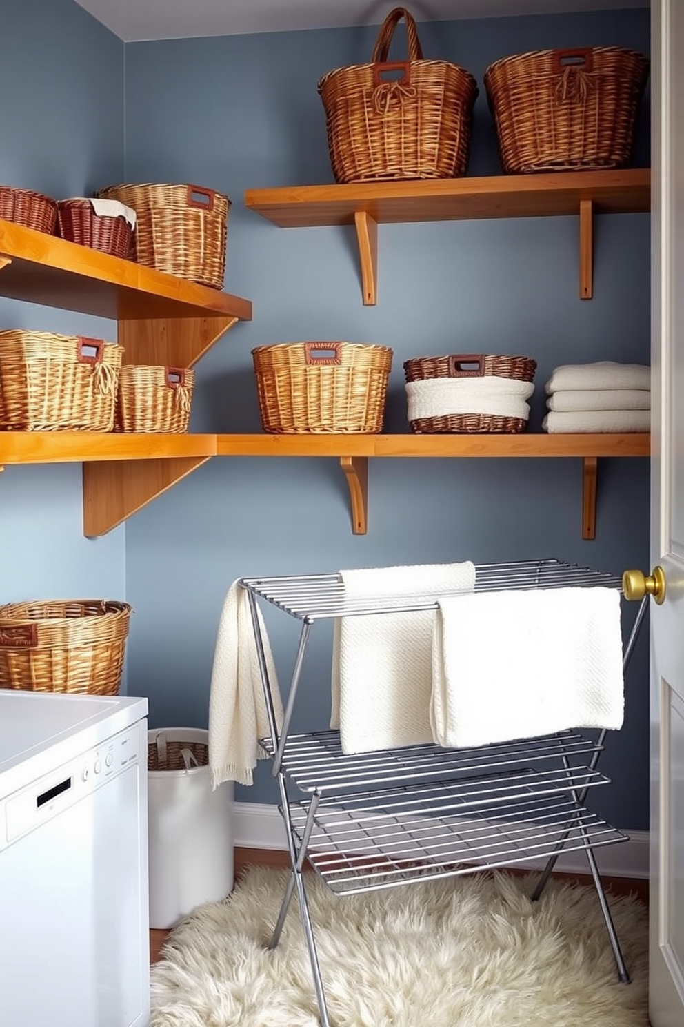 A cozy winter laundry room features wooden shelves adorned with decorative baskets in various sizes. The walls are painted in a soft blue hue, and a plush rug lies beneath a stylish drying rack.