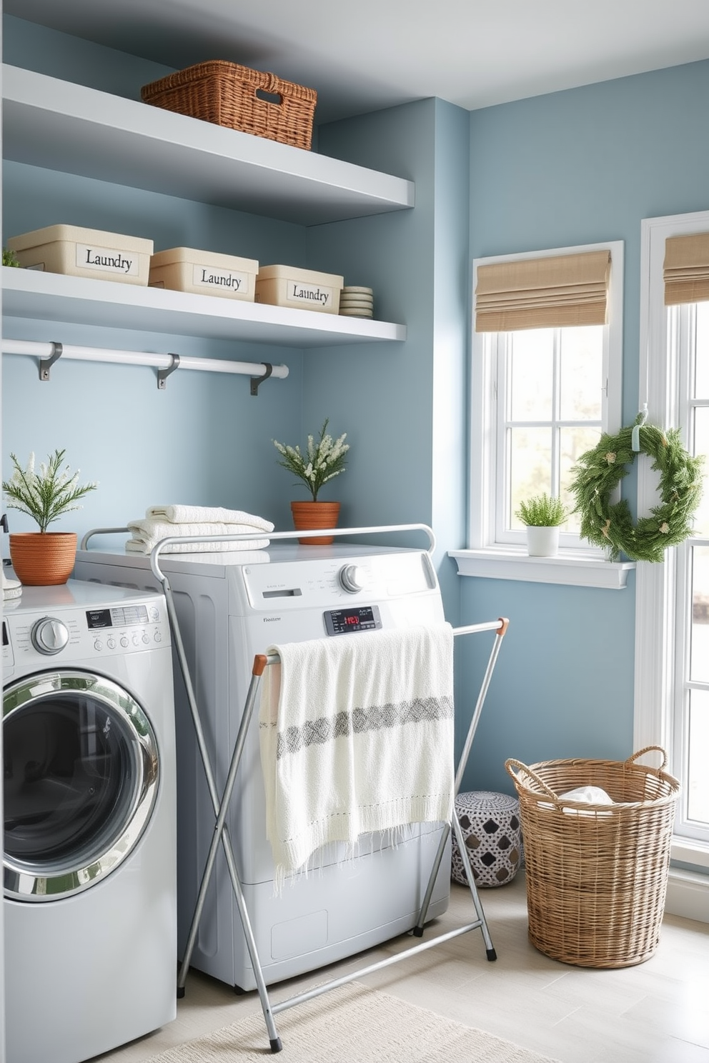 A cozy laundry room designed for efficiency. The walls are painted in a soft blue hue, and open shelving displays personalized laundry labels for easy organization. A stylish drying rack is positioned near a large window, allowing natural light to brighten the space. Decorative elements like potted plants and a vintage-style laundry basket add charm to the winter-themed decor.