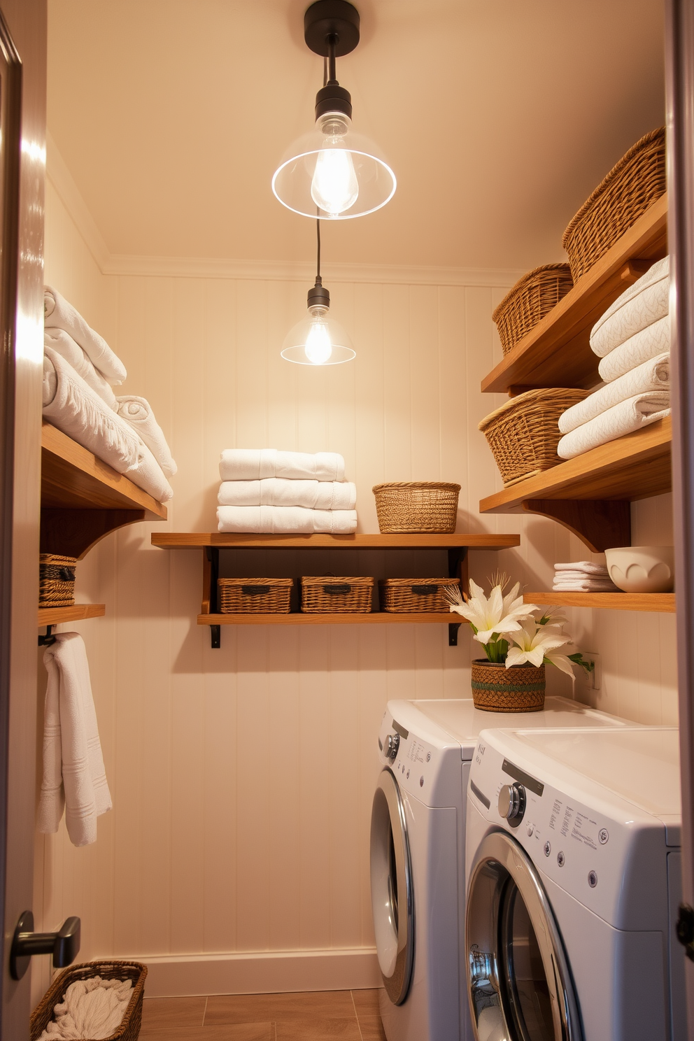 A cozy laundry room bathed in warm lighting. The space features wooden shelves adorned with neatly folded towels and decorative baskets, creating an inviting atmosphere. Soft, ambient fixtures hang from the ceiling, casting a gentle glow over the room. A stylish countertop with a vintage washing machine adds charm and practicality to the design.