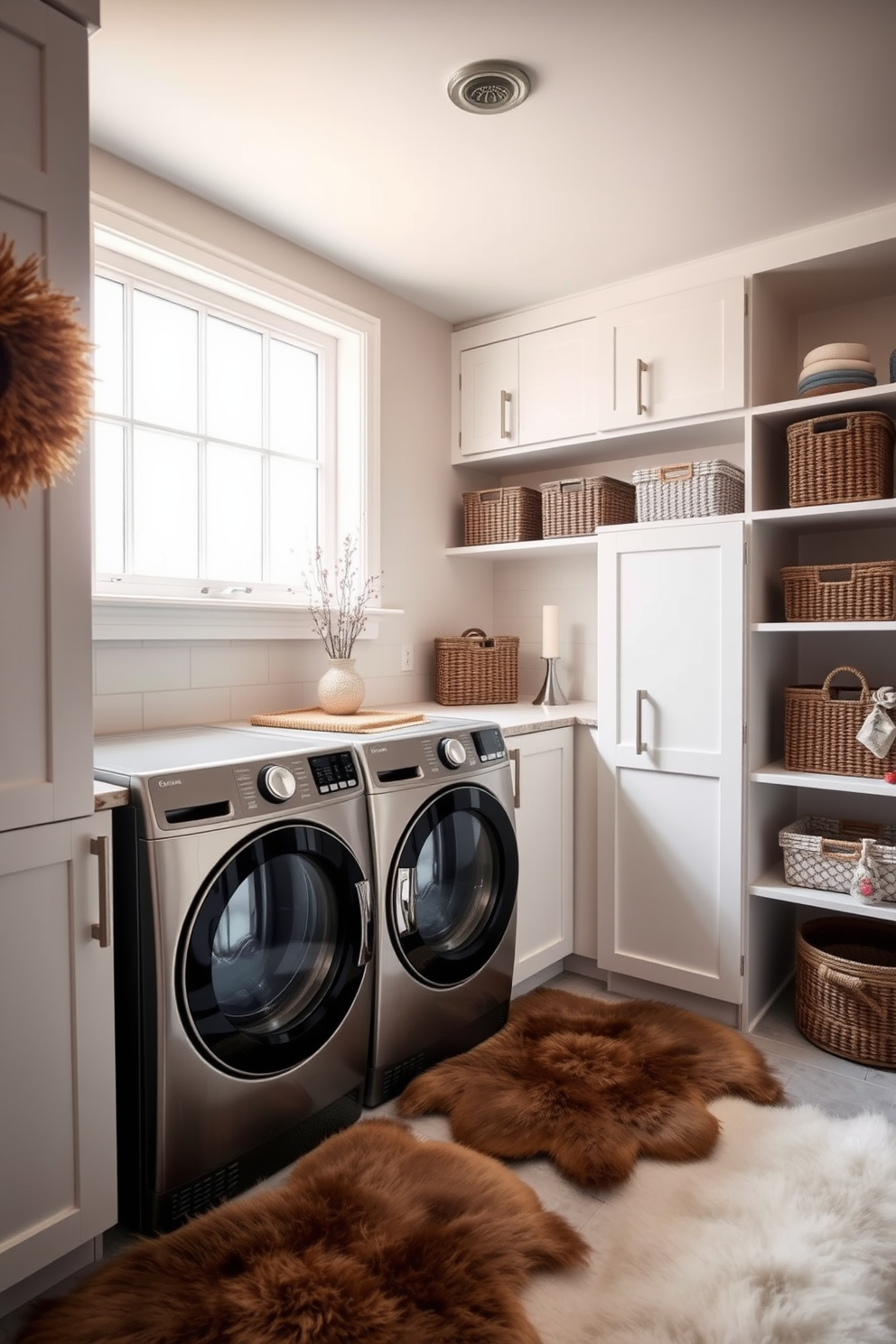 A cozy winter laundry room adorned with faux fur rugs for added comfort. The space features a modern washing machine and dryer set, complemented by sleek cabinetry in a soft white finish. Natural light pours in through a large window, illuminating the room with a warm glow. Decorative storage baskets are neatly arranged on the shelves, adding both functionality and style.