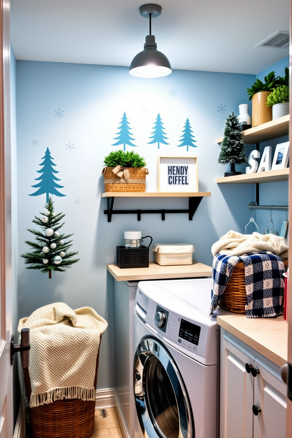 A cozy winter-themed laundry room adorned with wall decals featuring snowflakes and pine trees. The space is brightened by soft, ambient lighting, and a decorative basket filled with warm blankets adds a touch of comfort. Functional storage solutions are integrated with stylish shelves displaying winter-themed decor. A cheerful color palette of icy blues and whites enhances the winter vibe, creating a welcoming atmosphere for laundry tasks.