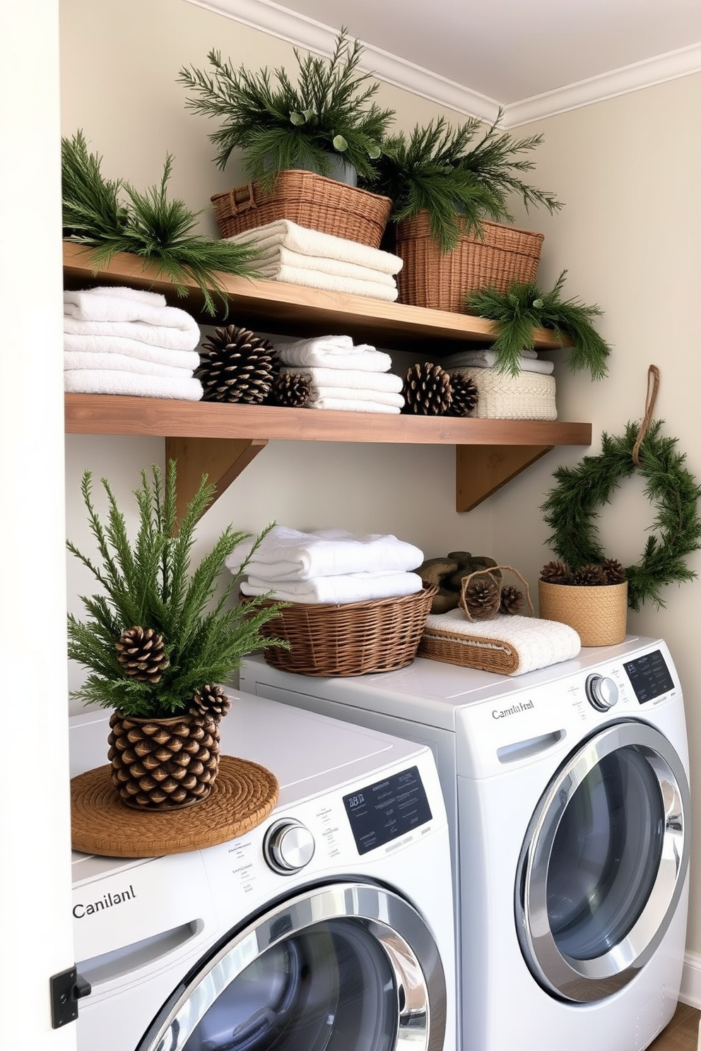 A cozy winter laundry room is adorned with pinecone centerpieces that bring a touch of nature indoors. The space features a rustic wooden shelf displaying neatly folded towels and a collection of decorative baskets, enhancing the warm and inviting atmosphere.