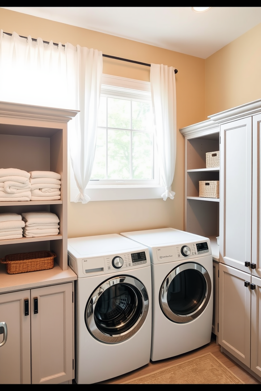 A serene laundry room with a neutral color palette that promotes a calm atmosphere. The walls are painted in soft beige, and the cabinetry features a light gray finish, creating a cohesive and tranquil environment. Natural light floods the space through a large window adorned with sheer white curtains. A stylish washer and dryer set is nestled between two open shelves displaying neatly folded towels and decorative storage baskets.