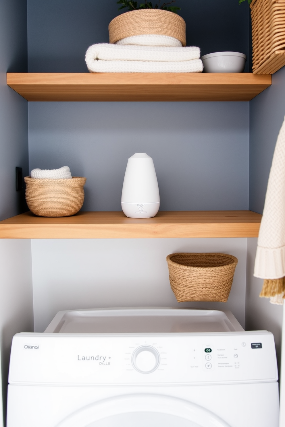 A cozy winter laundry room featuring a stylish essential oil diffuser on a wooden shelf. The walls are painted in a soft blue hue, and a plush rug in neutral tones adds warmth underfoot.