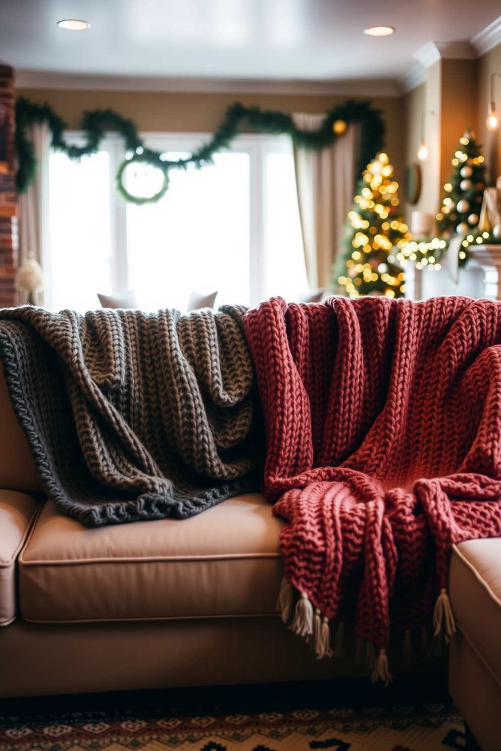 Cozy knitted throw blankets are draped over plush sofas, inviting warmth and comfort into the space. The room is adorned with soft lighting and seasonal decorations, creating a welcoming atmosphere for winter gatherings.