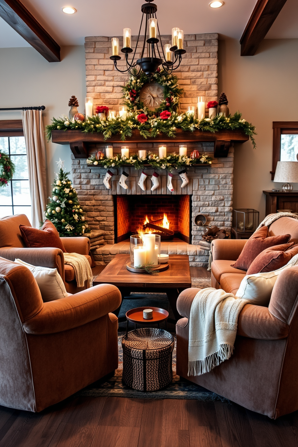 Plush armchairs in a cozy winter living room create an inviting atmosphere. The chairs are upholstered in soft, warm fabrics with rich textures, positioned around a rustic wooden coffee table. A large fireplace serves as the focal point, adorned with seasonal decorations and flickering candles. Soft, layered blankets and decorative pillows add warmth and style to the seating area.