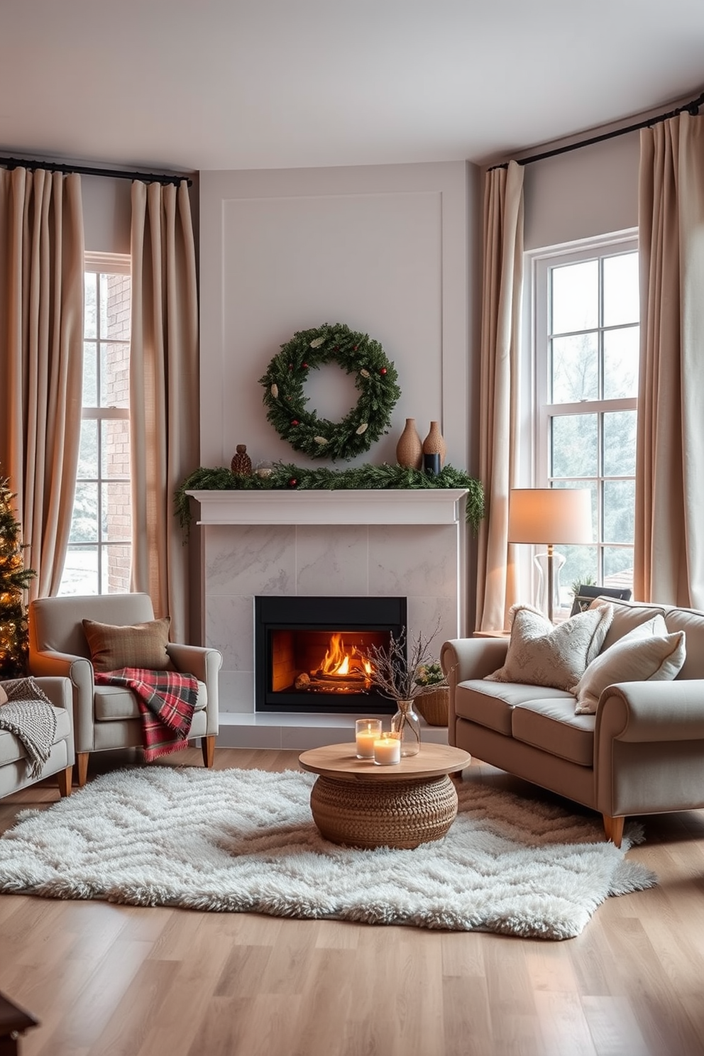 A cozy winter living room filled with warmth and comfort. Soft woolen curtains in a neutral tone drape elegantly over large windows, effectively blocking drafts and creating a snug atmosphere. A plush area rug lies underfoot, inviting you to sink in and relax. A crackling fireplace serves as the focal point, surrounded by comfortable seating adorned with seasonal throw pillows.