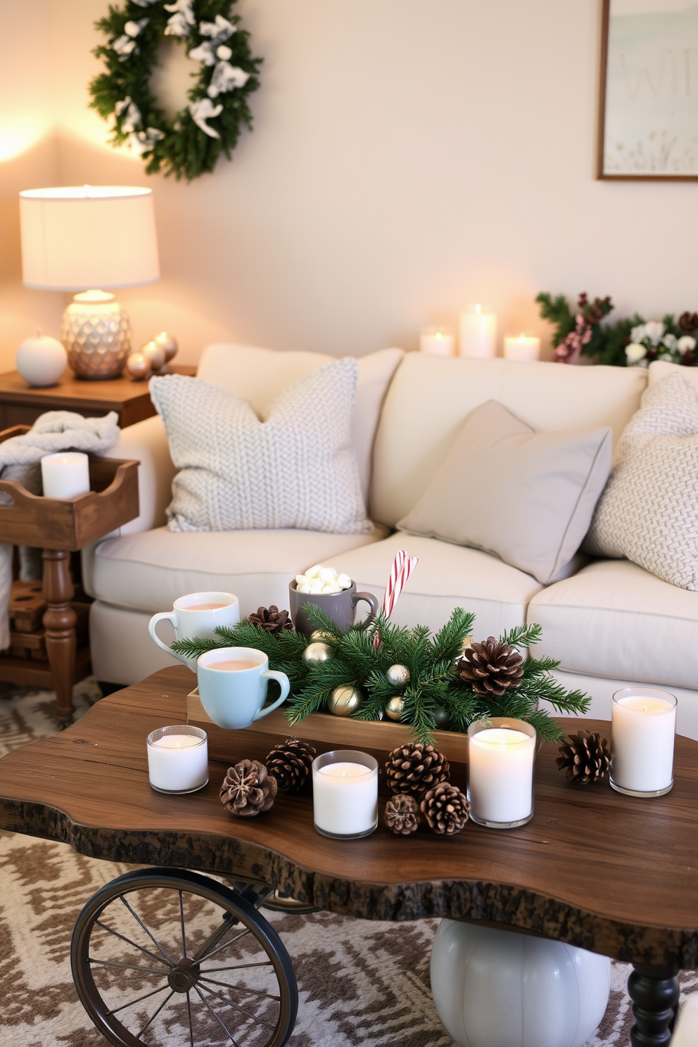 A cozy hot cocoa station features an elegant wooden cart adorned with stylish ceramic mugs in various colors. The cart is topped with a small decorative tray holding marshmallows, chocolate shavings, and peppermint sticks, inviting warmth and comfort. The winter living room is beautifully decorated with a plush cream-colored sofa adorned with knitted throw blankets and seasonal pillows. A rustic coffee table is centered in front of the sofa, surrounded by flickering candles and a festive centerpiece of pinecones and evergreen branches.