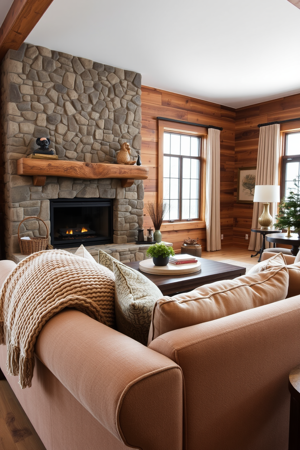 A cozy winter living room adorned with rustic wooden accents creates a warm and inviting atmosphere. The walls are clad in reclaimed wood, and a large stone fireplace serves as the focal point of the space. Plush furniture in earthy tones complements the rustic theme, with a large sectional sofa covered in soft, textured fabric. A chunky knit throw blanket is draped over the armrest, and a collection of patterned pillows adds a pop of color.