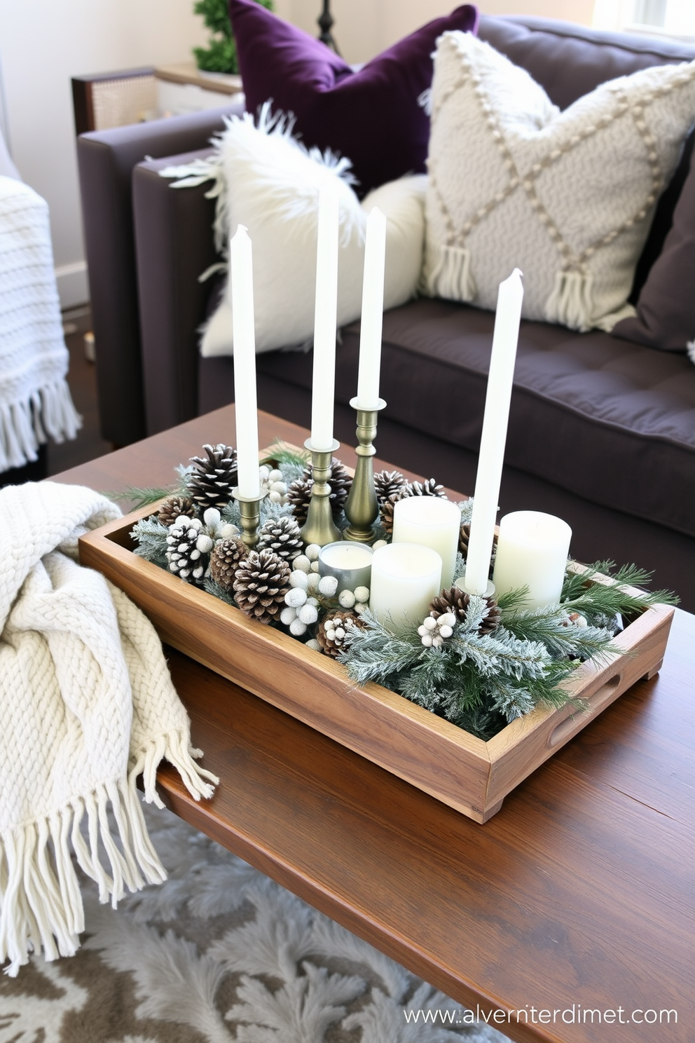 A cozy winter-themed centerpiece on a coffee table features a rustic wooden tray filled with pinecones, frosted berries, and white candles of varying heights. Surrounding the tray, a soft knit blanket drapes elegantly over the arm of the chair, enhancing the warm ambiance of the room. For winter living room decorating ideas, incorporate plush throw pillows in deep jewel tones and a faux fur rug to add warmth and texture. String lights or lanterns can be hung to create a soft glow, inviting comfort and relaxation during the chilly season.