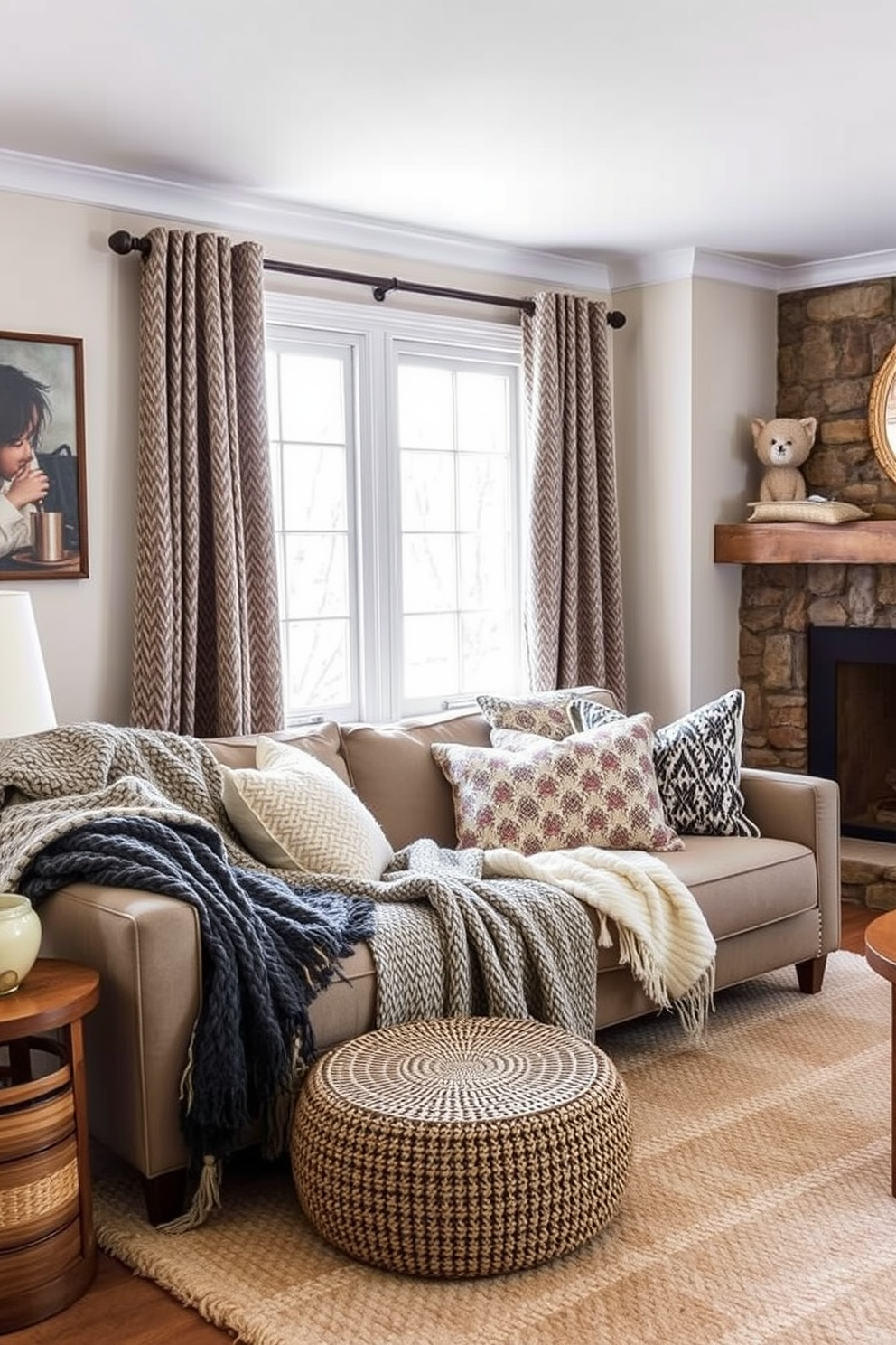 A cozy winter living room features layered textures with knitted and woven fabrics that create a warm and inviting atmosphere. Plush throw blankets drape over a stylish sofa, while decorative cushions in various patterns add depth and comfort to the seating area.