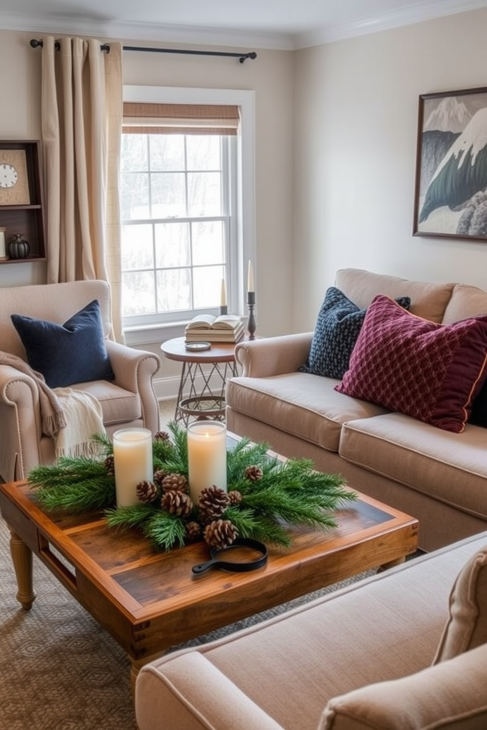 A cozy reading nook by the window features a plush armchair upholstered in soft, warm fabric. A small side table holds a steaming cup of tea and a stack of well-loved books, while a soft throw blanket drapes over the armchair. Winter living room decorating ideas include a large, inviting sofa adorned with textured cushions in rich jewel tones. A rustic coffee table sits in front, surrounded by candles and a festive centerpiece of pinecones and evergreen branches.