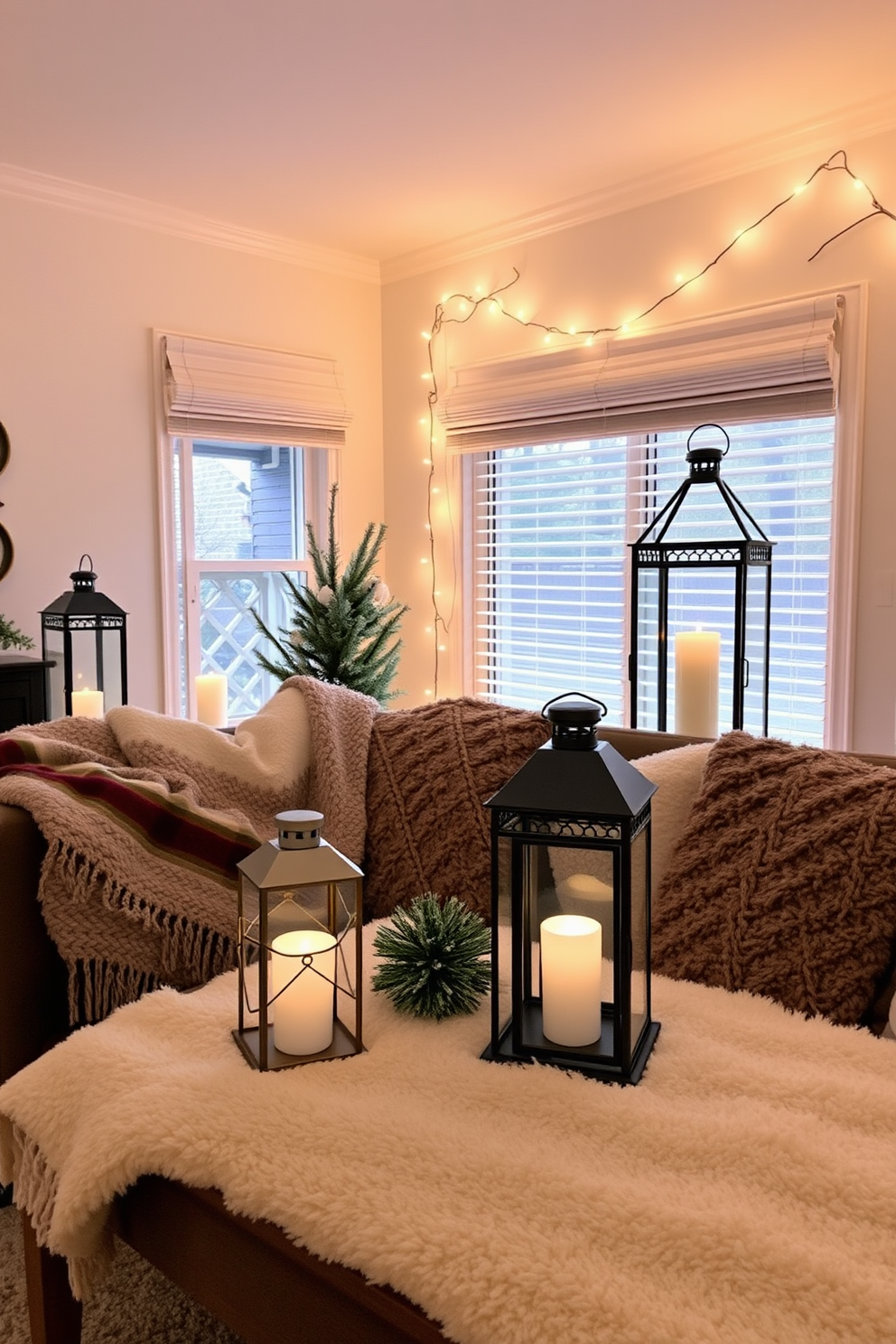 A cozy winter living room featuring decorative lanterns that emit a soft, warm glow. The space is adorned with plush blankets and pillows, creating an inviting atmosphere for relaxation.