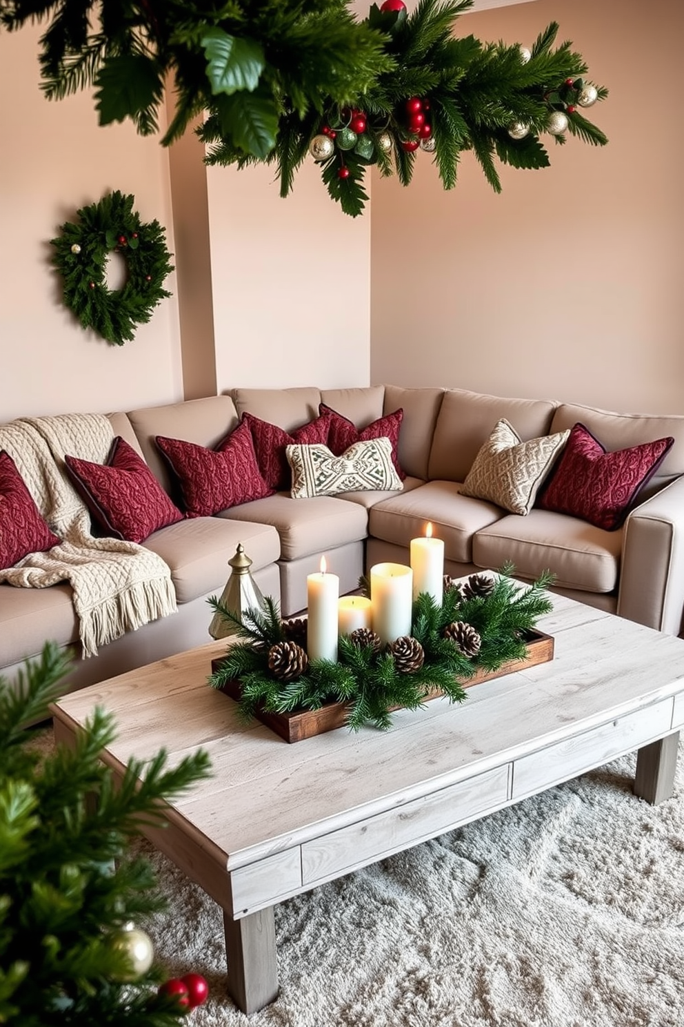 A cozy winter living room adorned with fresh greenery such as evergreens and holly. The space features a plush sectional sofa draped with a soft knitted throw and accented with festive pillows. A large coffee table is centered in the room, decorated with a stylish arrangement of pinecones and candles. The walls are painted in a warm neutral tone, creating an inviting atmosphere perfect for the winter season.