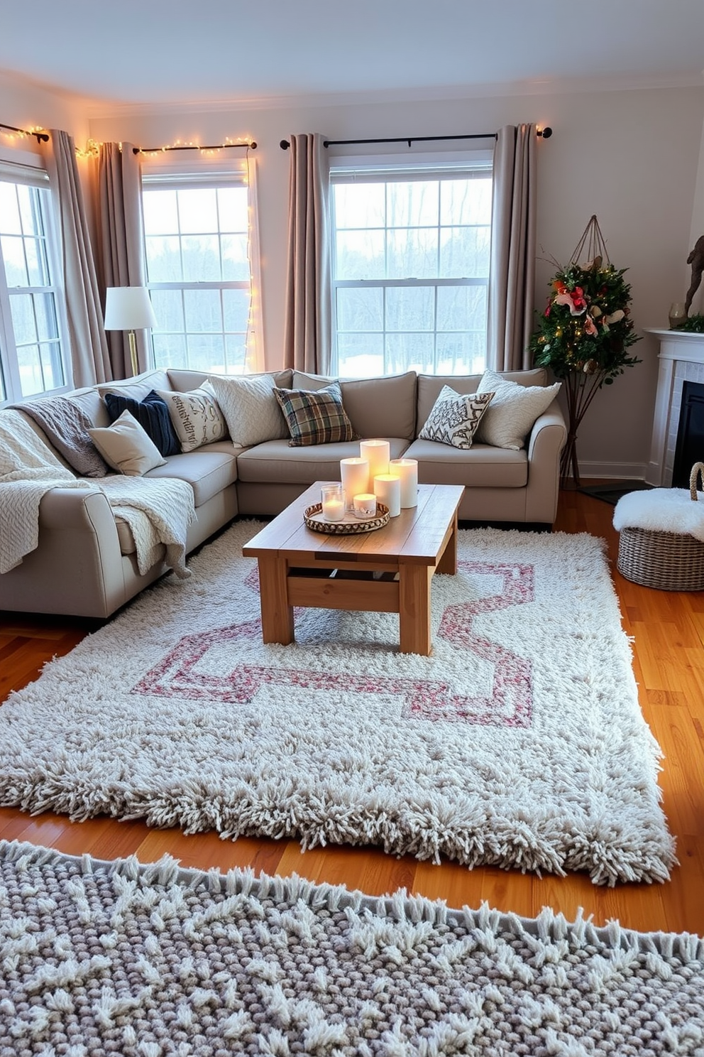 A cozy winter living room features layered rugs in various textures and colors, creating a warm and inviting atmosphere. A plush area rug is placed under a soft woven rug, both contrasting beautifully against the hardwood floor. The room is adorned with a large sectional sofa draped in a chunky knit throw, complemented by an assortment of decorative pillows. A wooden coffee table sits at the center, surrounded by twinkling fairy lights and a collection of candles for a soft glow.