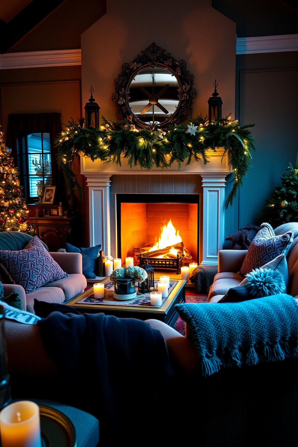 A cozy winter living room filled with seasonal scents from potpourri and candles. Plush furniture is adorned with soft throws and decorative pillows in deep, rich colors. A large fireplace serves as the focal point, surrounded by a mantle decorated with evergreen garlands and twinkling fairy lights. The room is illuminated by warm lighting, creating an inviting atmosphere perfect for relaxation during the winter months.