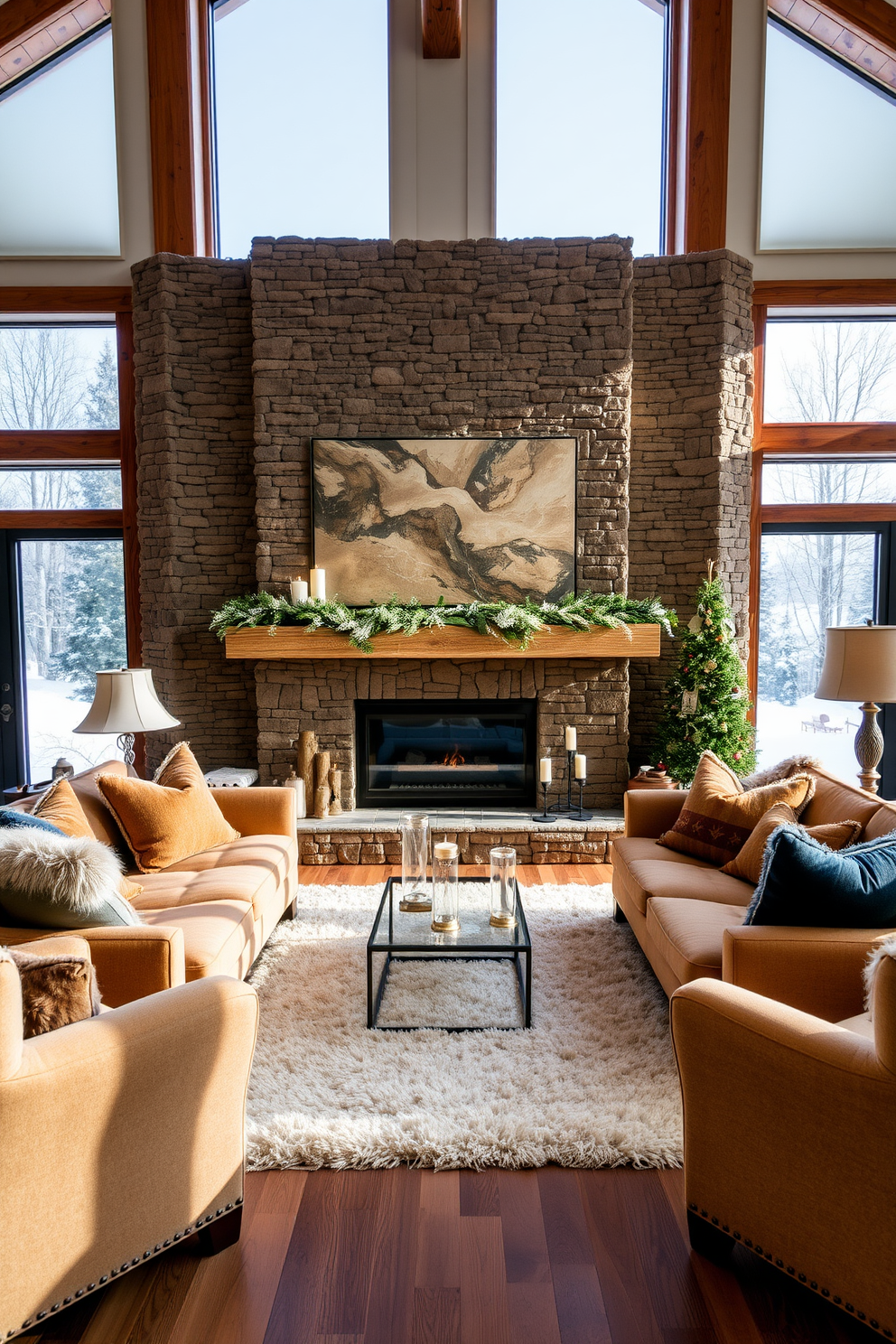 A cozy winter living room featuring a large statement fireplace as the focal point. The fireplace is surrounded by a rustic stone facade, with a wooden mantel adorned with seasonal decorations and candles. Plush sofas in warm, neutral tones are arranged around a soft area rug, creating an inviting gathering space. Large windows allow natural light to flood the room, showcasing the snowy landscape outside.