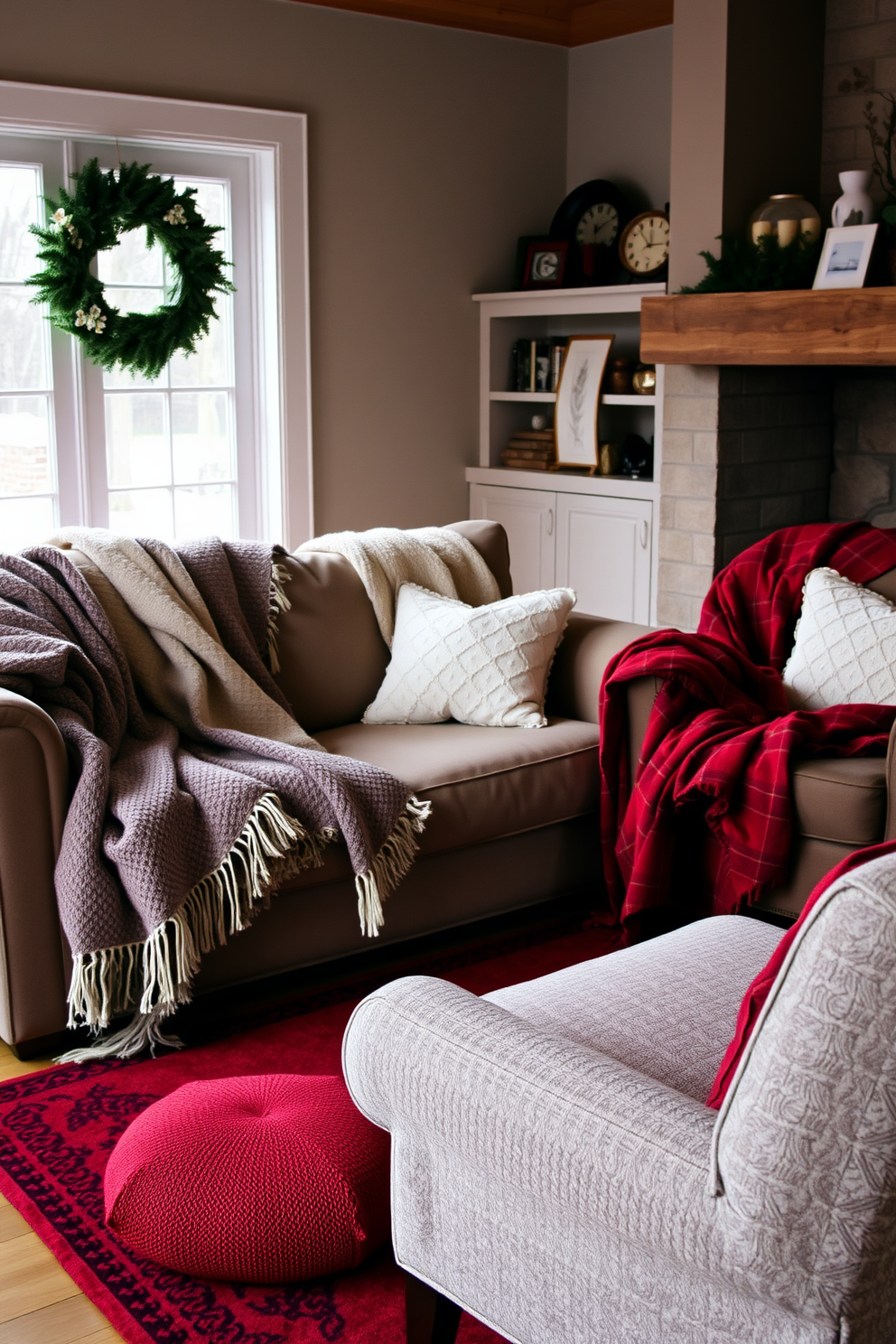 A cozy winter living room adorned with soft throws draped over a plush sofa and armchair. The warm color palette features deep reds and soft grays, creating an inviting atmosphere perfect for relaxation.