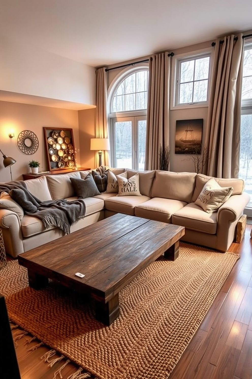 A cozy winter living room featuring a plush sectional sofa adorned with soft throw blankets and decorative pillows. The room is illuminated by warm lighting from stylish table and floor lamps, creating an inviting atmosphere. A rustic coffee table sits at the center, surrounded by a woven area rug that adds texture to the space. Large windows draped with heavy curtains allow natural light to filter in, enhancing the warmth of the room.