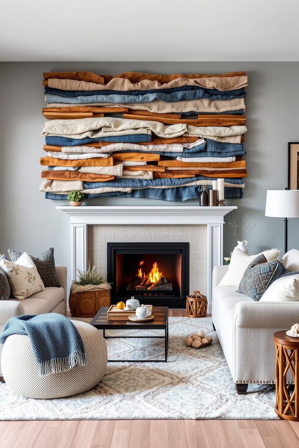 Textured wall art creates a focal point in the winter living room, featuring layers of fabric and wood elements that add depth and warmth. A cozy seating arrangement includes a plush sofa adorned with seasonal throw pillows, complemented by a soft area rug that ties the space together. The color palette incorporates cool blues and warm neutrals, evoking a serene winter atmosphere. A crackling fireplace serves as the centerpiece, surrounded by stylish decor that enhances the inviting ambiance.