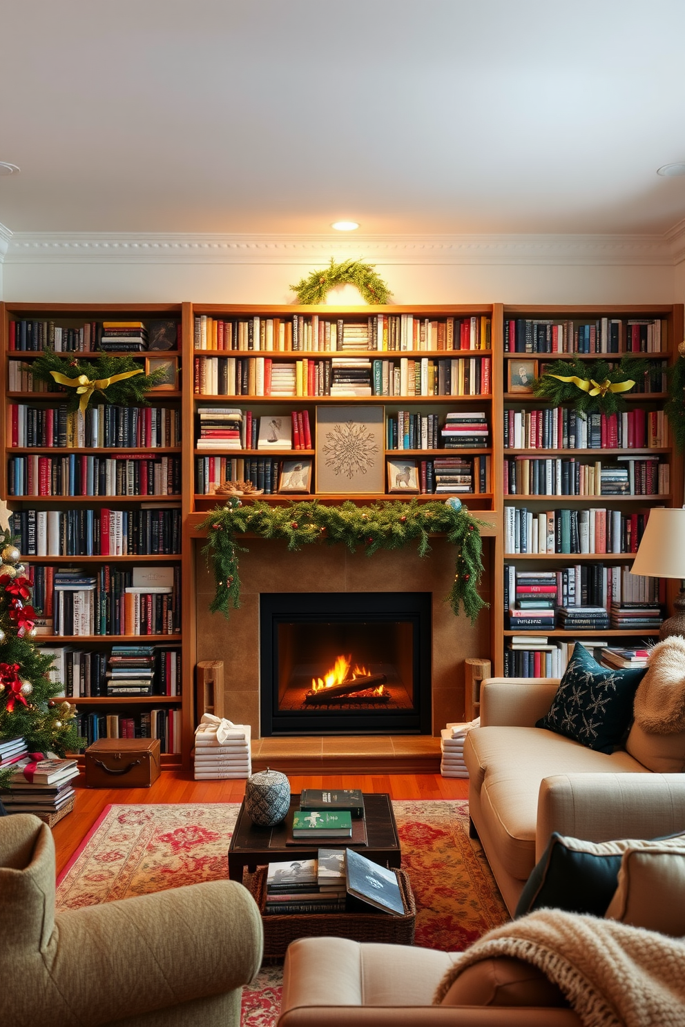 A cozy winter living room features a large bookshelf filled with seasonal books arranged by color and size. Soft, warm lighting illuminates the space, creating an inviting atmosphere perfect for curling up with a good read.