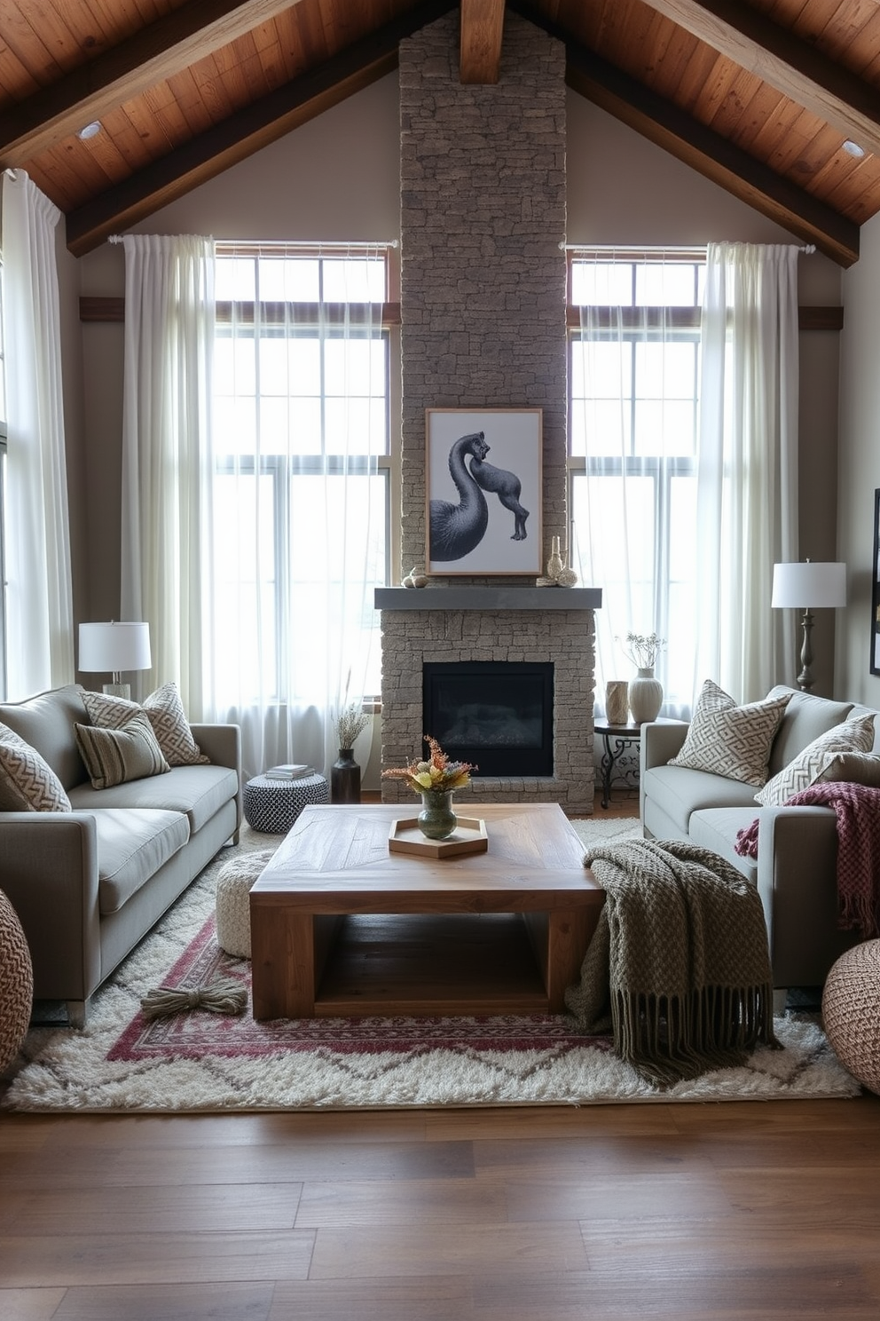 A cozy winter living room featuring a blend of modern and rustic decor elements. The space includes a large sectional sofa upholstered in a soft gray fabric, paired with a reclaimed wood coffee table that has a natural finish. A stone fireplace serves as the focal point, adorned with a sleek metal mantel. Large windows dressed in sheer white curtains allow natural light to flood the room, complemented by warm, layered textiles like knitted throws and plush area rugs.